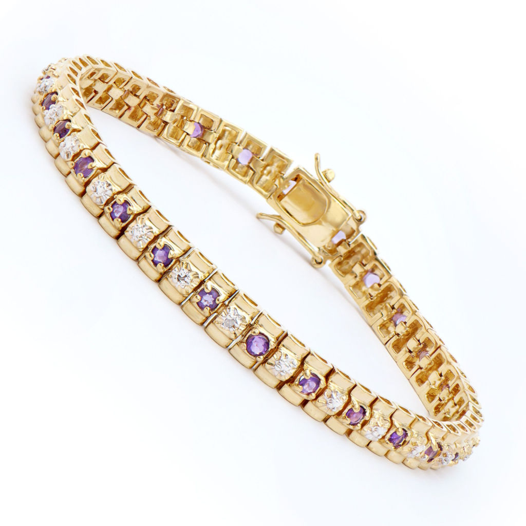 2.05 CTW Amethyst & Diamonds 18K Gold Plated Designer Bracelet 7.7 in