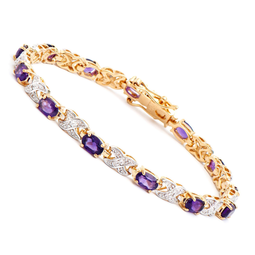 5.31 CTW Amethyst & Diamonds 18K Gold Plated Designer Bracelet 7.5 in