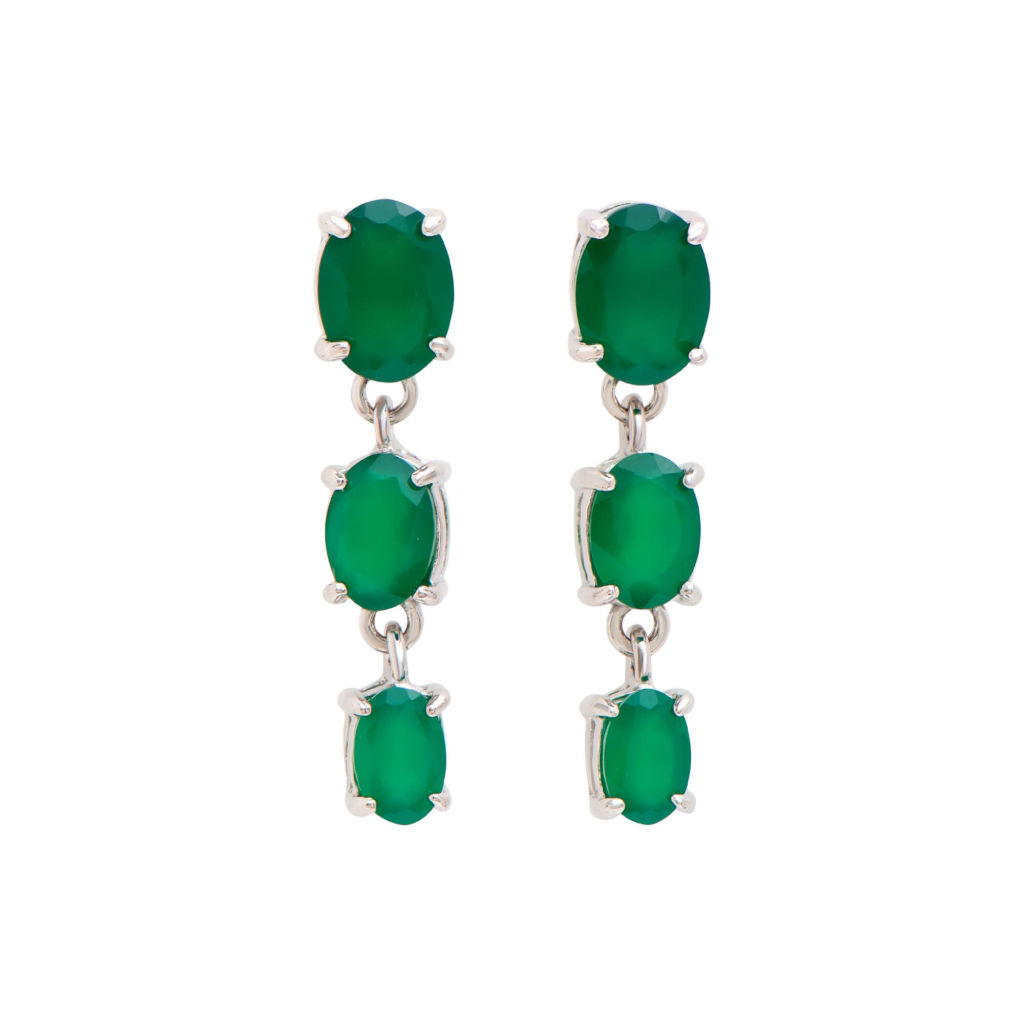 4.05 CTW Green Agate Rhodium Plated Designer Earrings