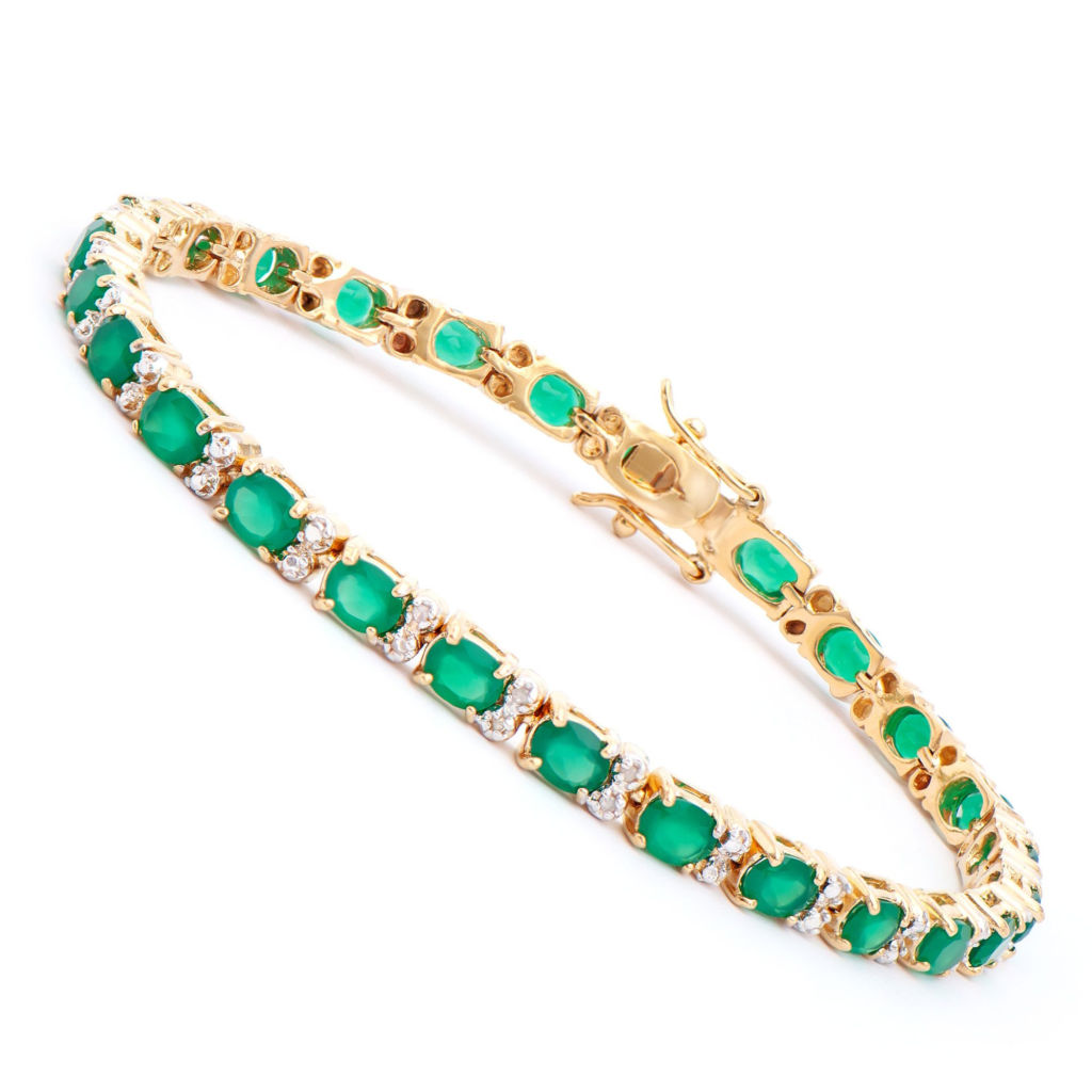 9.05 CTW Green Agate & Diamonds 18K Gold Plated Designer Bracelet 7.8 in