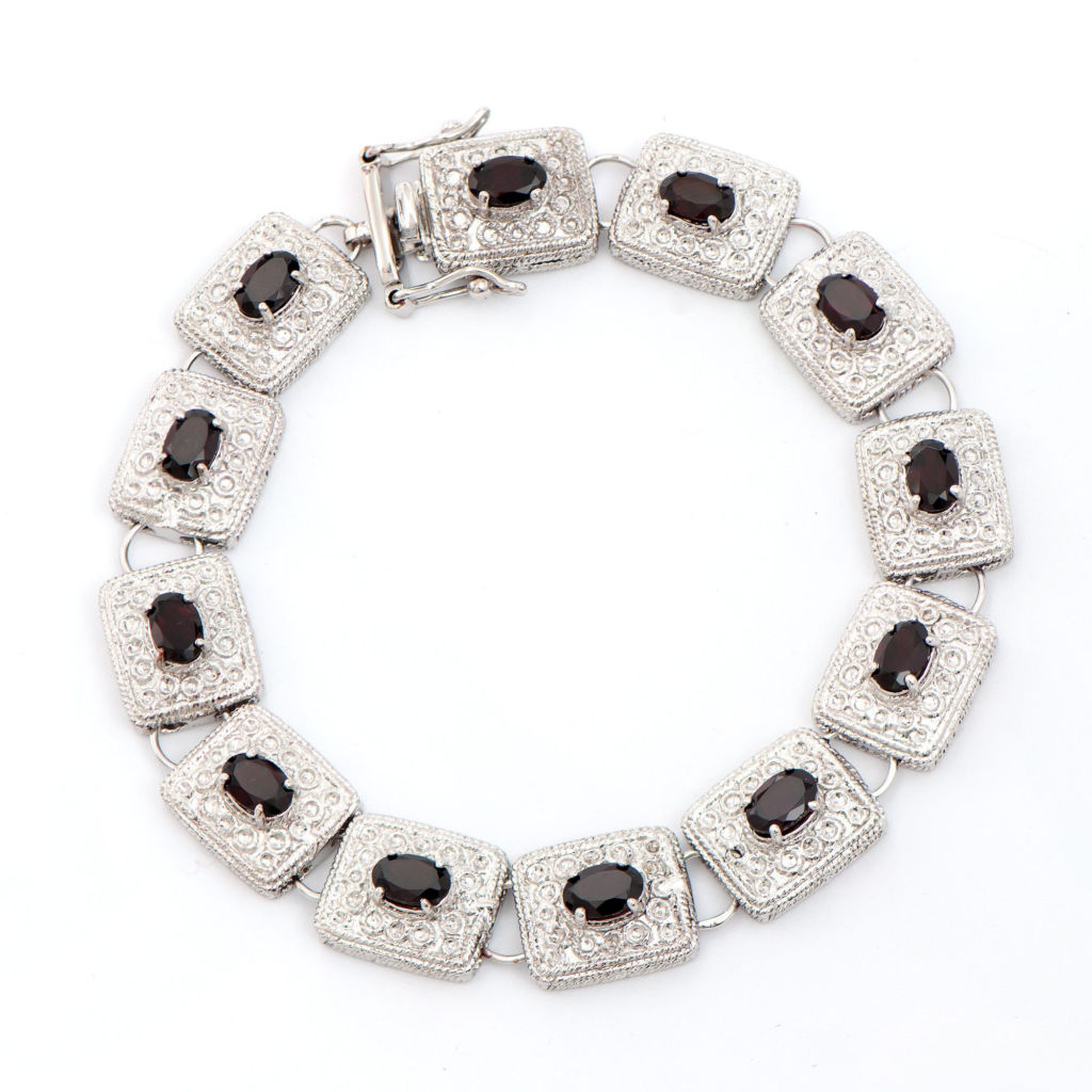 5.05 CTW Garnet Antique Style Rhodium Plated Designer Bracelet 7.75 in