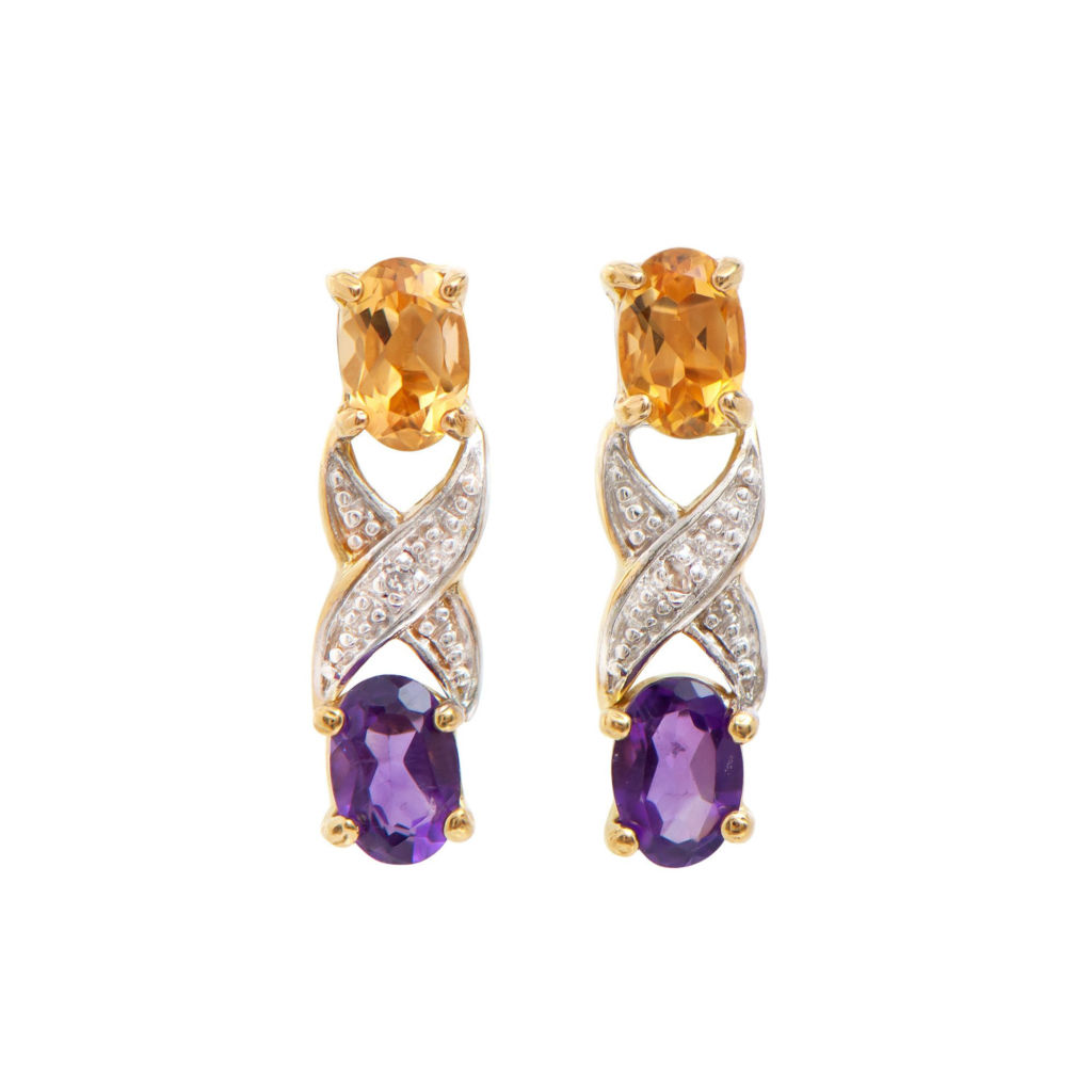 1.62 CTW Amethyst , Citrine & Diamonds 18K Gold Plated Designer Earrings