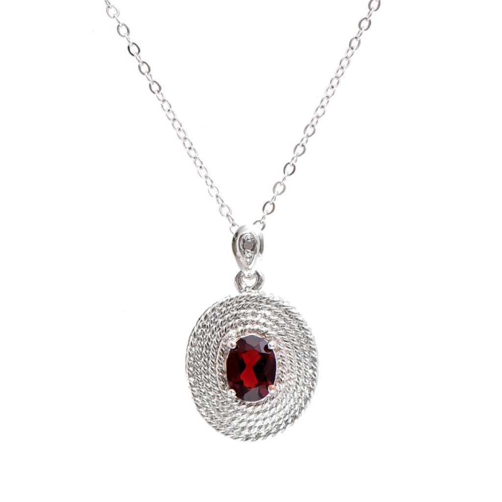 1.26 CTW Garnet & Diamonds Rhodium Plated Designer Pendant 18 in