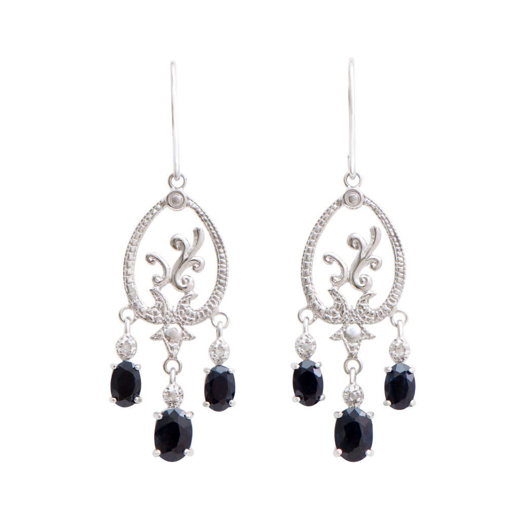 4.46 CTW Diamonds & Sapphire Rhodium Plated Sterling Silver Designer Earrings