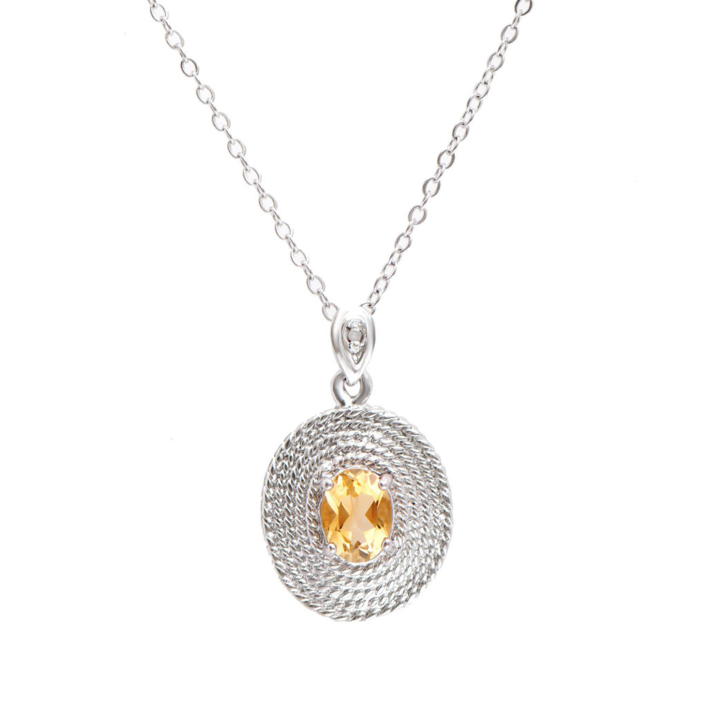1.08 CTW Citrine & Diamonds Rhodium Plated Designer Pendant 18 in