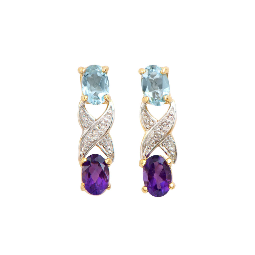 1.72 CTW Amethyst , Blue Topaz & Diamonds 18K Gold Plated Designer Earrings
