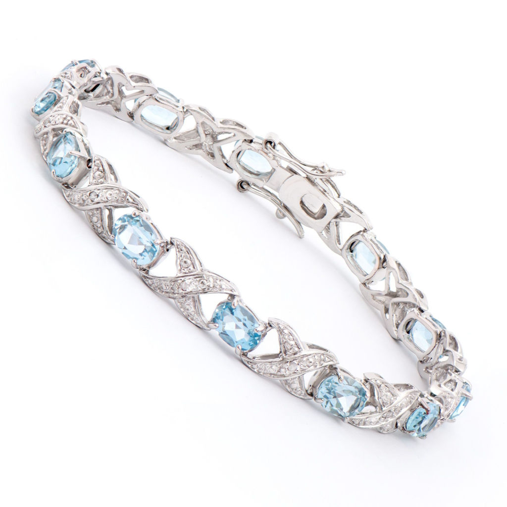 11.3 CTW Blue Topaz & Diamonds Rhodium Plated Designer Bracelet 7.75 in