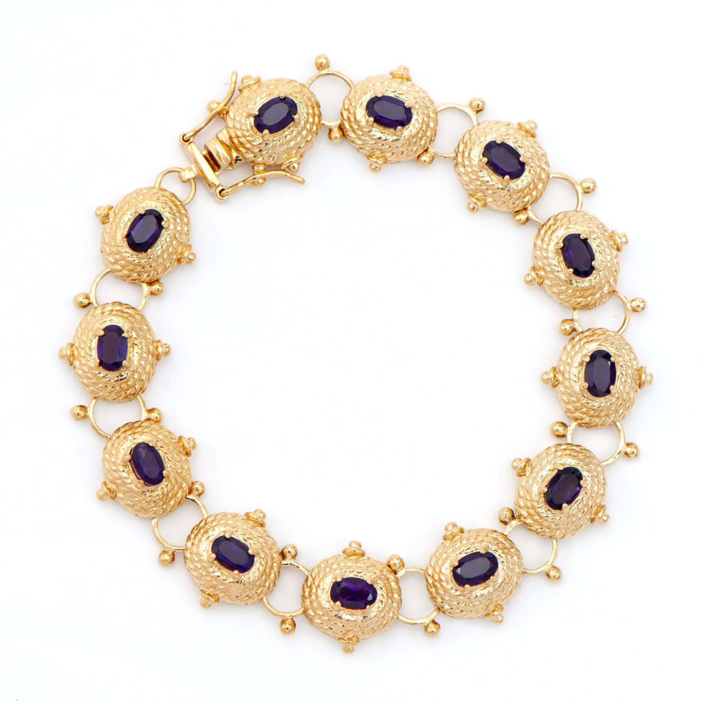 5.05 CTW Amethyst Antique Style 18K Gold Designer Bracelet 8 in