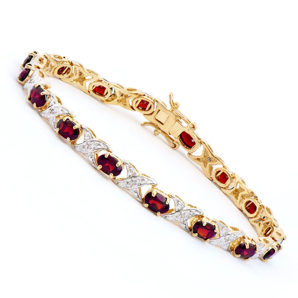 7.34 CTW Garnet & Diamonds 18K Gold Plated Designer Bracelet 7.8 in