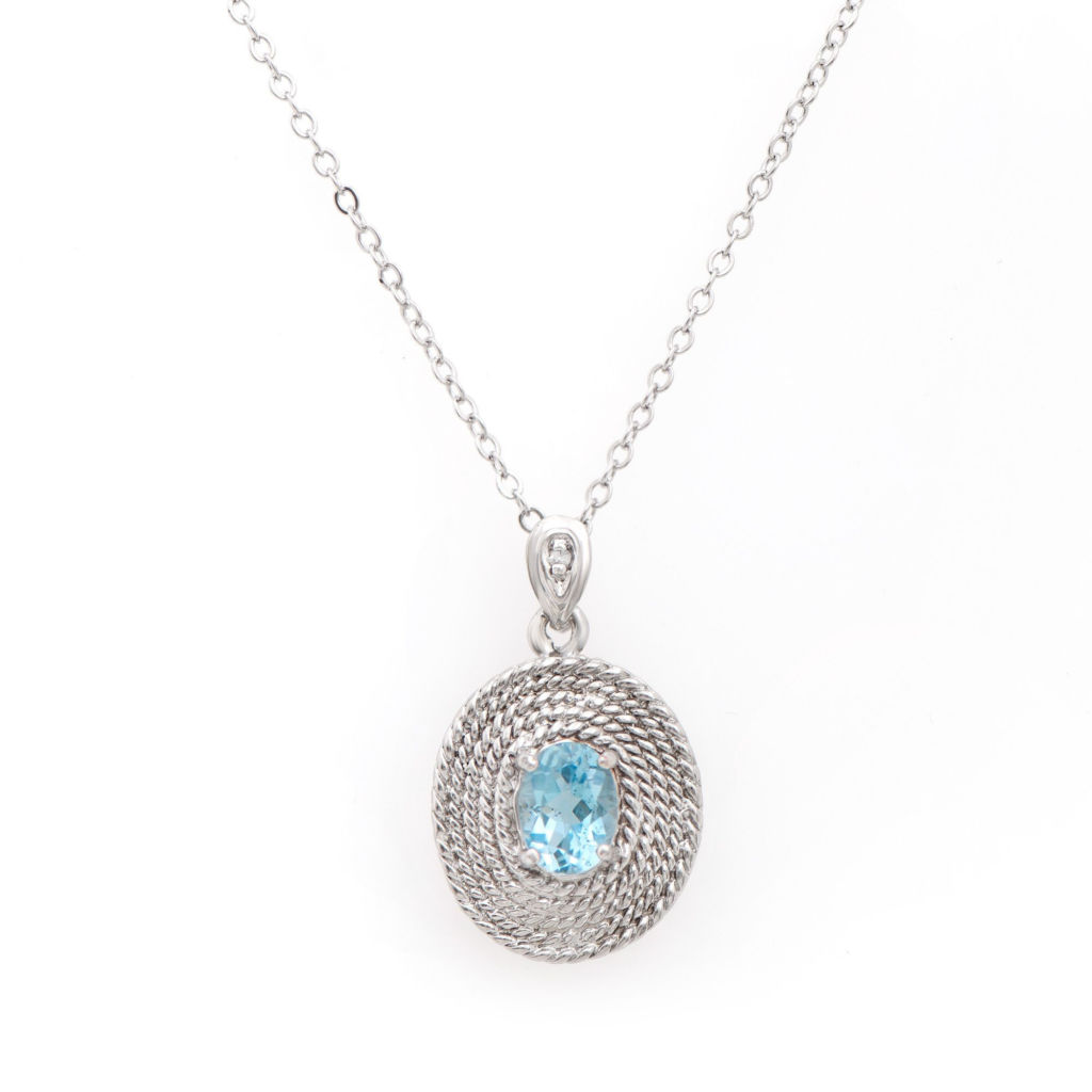 1.32 CTW Blue Topaz & Diamonds Rhodium Plated Designer Pendant 18 in