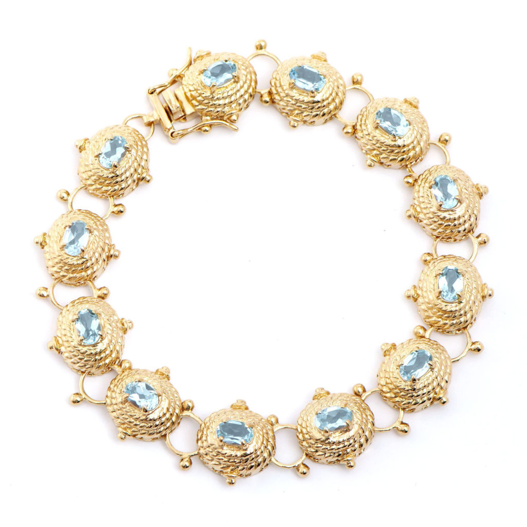 6.25 CTW Blue Topaz 18K Gold Plated Designer Antique Style Bracelet 8.1 in
