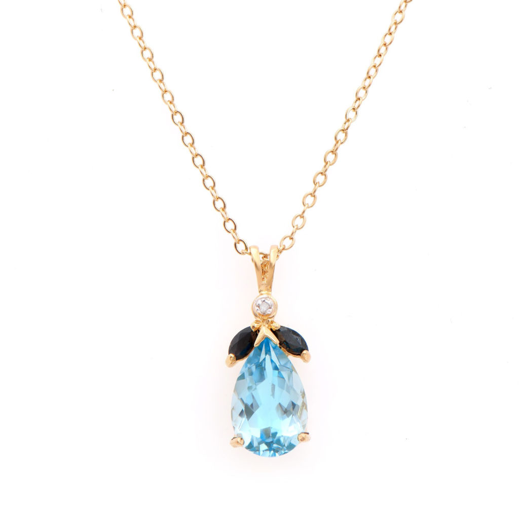 5.45 CTW Blue Topaz Sapphire Diamonds 18K Gold Plated Designer Pendant 18 in