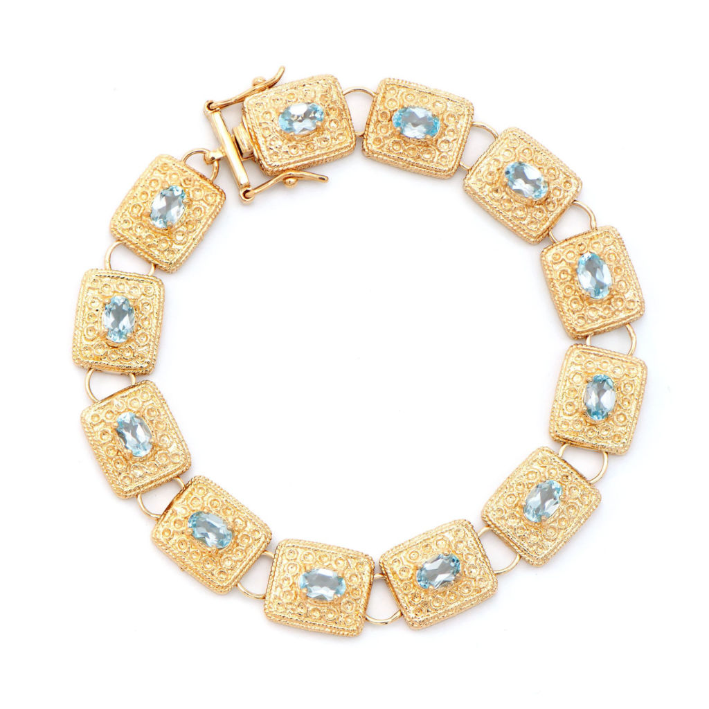 6.55 CTW Blue Topaz Antique Style 18K Gold Designer Bracelet 7.75 in